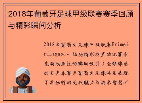 2018年葡萄牙足球甲级联赛赛季回顾与精彩瞬间分析