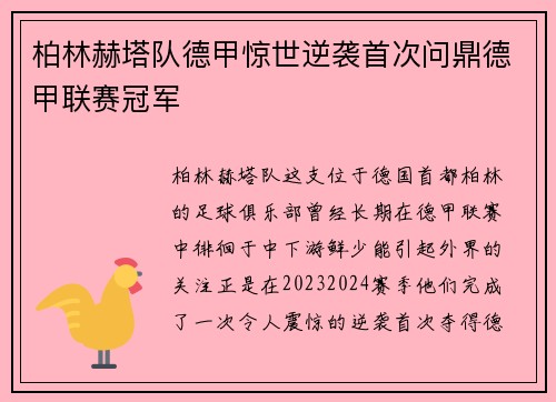 柏林赫塔队德甲惊世逆袭首次问鼎德甲联赛冠军